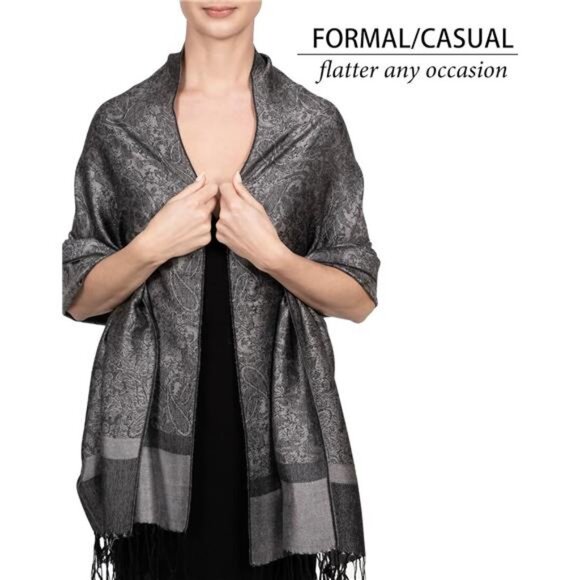 Two-Tone  Paisley Pashmina Scarf – Lightweight Grey - Picture 3 of 6
